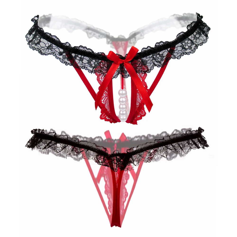 Cerise Nacrée – String à volants, nœud et perles