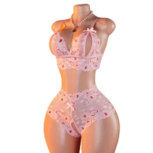 Cœurs Roses – Ensemble dentelle ouvert à nœuds