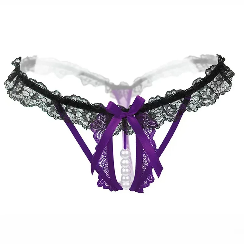Ruban Nacré – Tanga dentelle à nœud et perles - Image 3