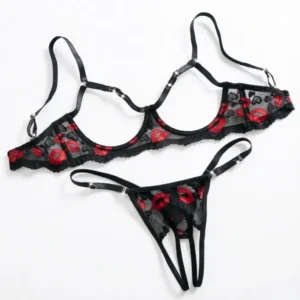 Roses Brodées – Ensemble soutien-gorge ouvert et string