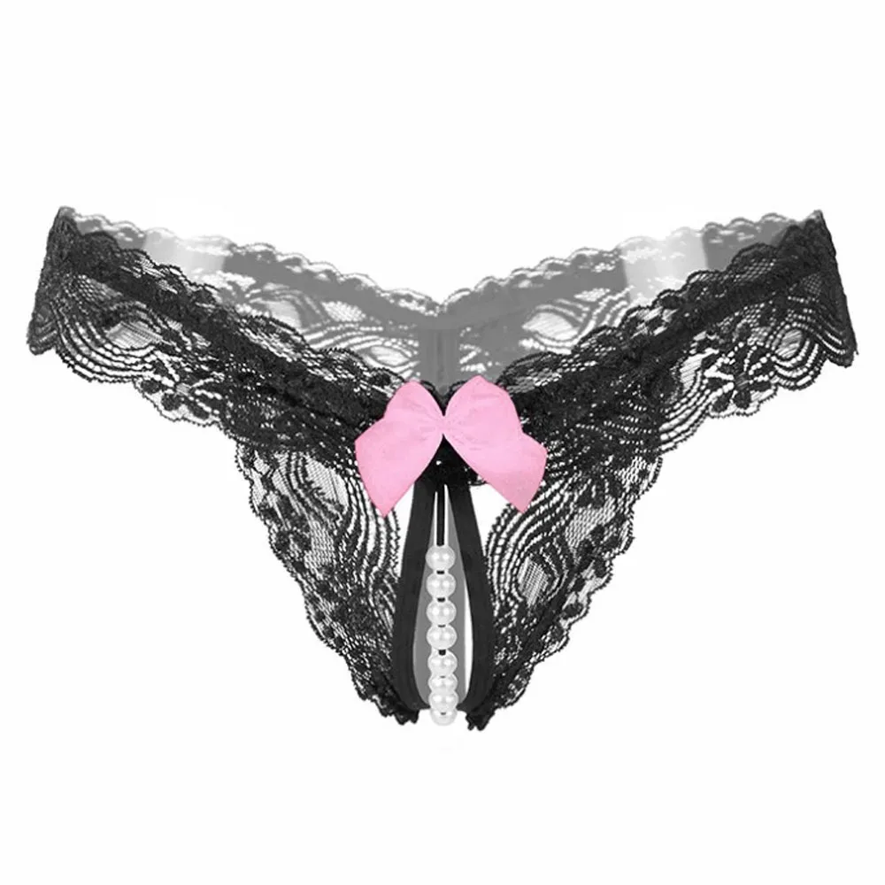 Nœud Rose – String dentelle volantée et perles