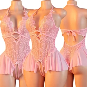 Rose Poudré – Body dentelle à jupette