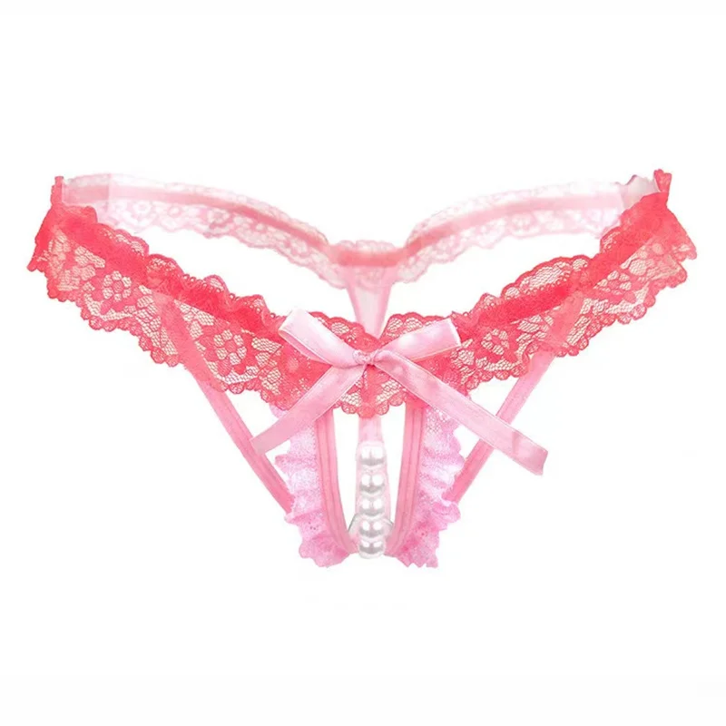 Ruban Nacré – Tanga dentelle à nœud et perles